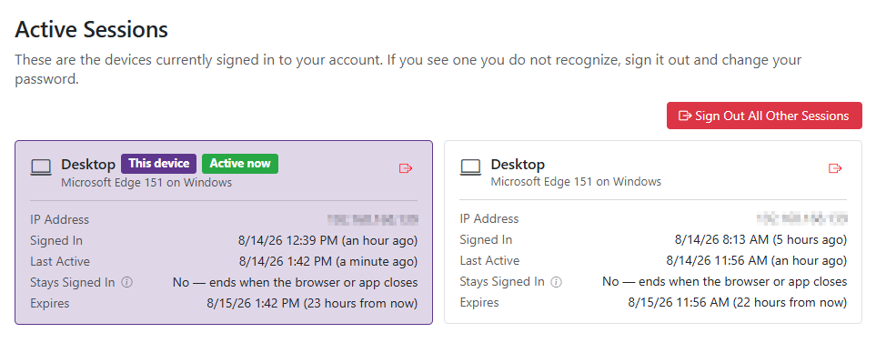 Manage Account Active Sessions