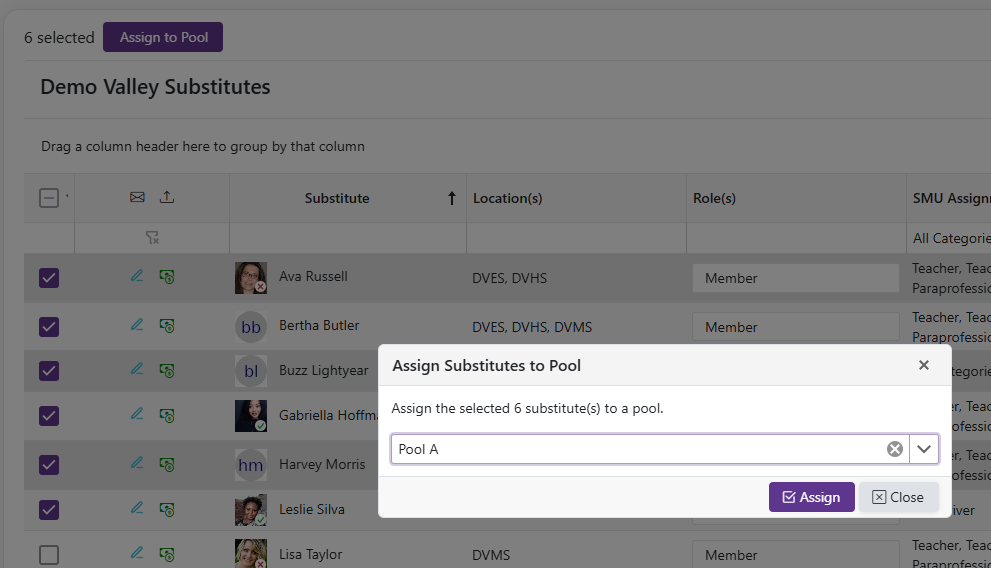 SubstitutesGridAssignToPool